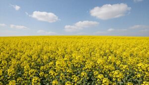 Pole rzepaku w pełnym kwitnieniu, rozległe żółte kwiaty na polu uprawnym pod błękitnym niebem