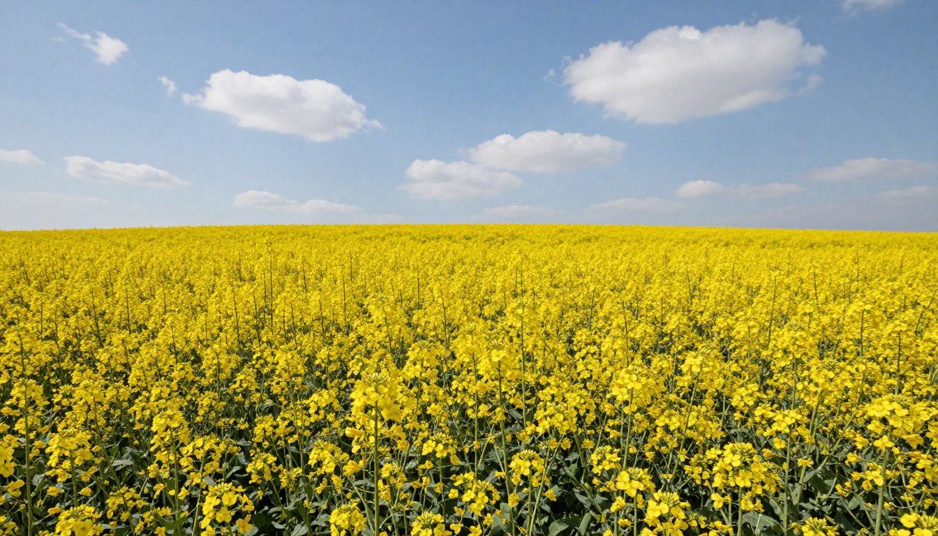 Pole rzepaku w pełnym kwitnieniu, rozległe żółte kwiaty na polu uprawnym pod błękitnym niebem