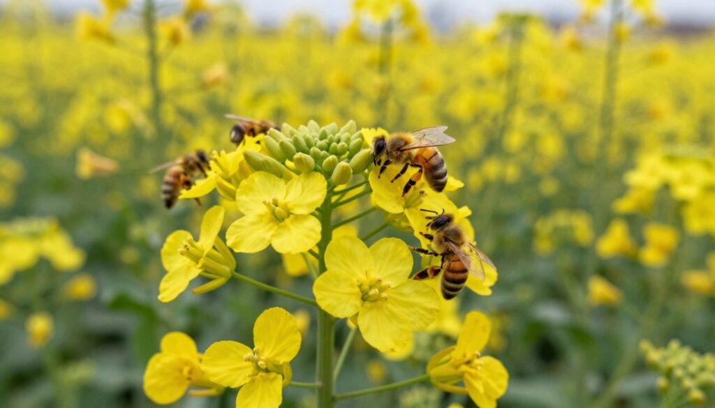 Pole rzepaku z pracującymi pszczołami, pokazujące znaczenie żółtych kwiatów na polu uprawnym dla zapylaczy
