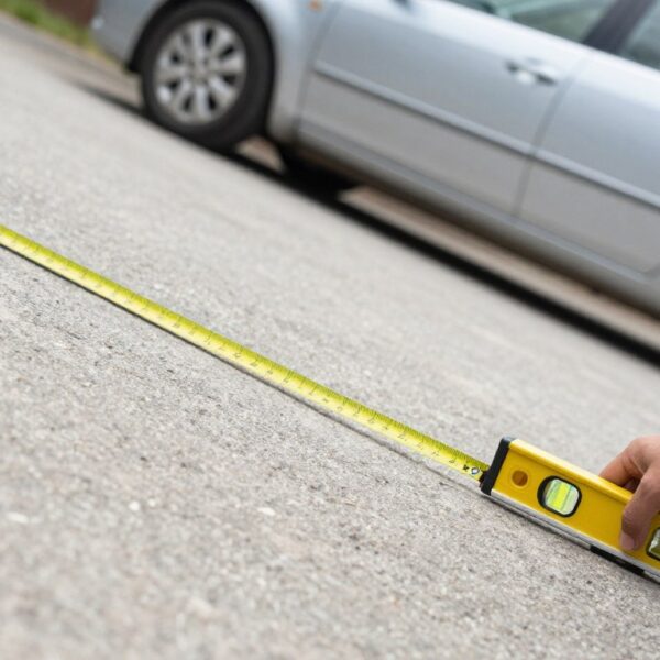 Pomiar nachylenia podjazdu do garażu za pomocą poziomicy i miarki