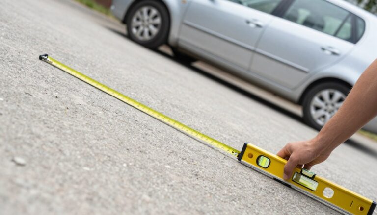 Pomiar nachylenia podjazdu do garażu za pomocą poziomicy i miarki