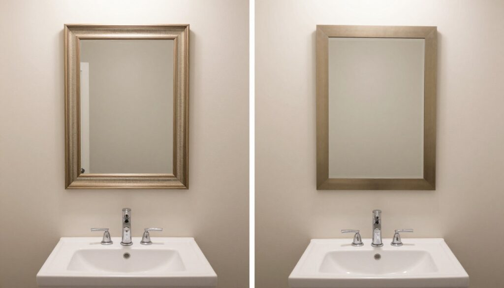 Porównanie lustra z ramą i bez ramy w małej łazience Porównanie lustra z ramą i bez ramy w małej łazience