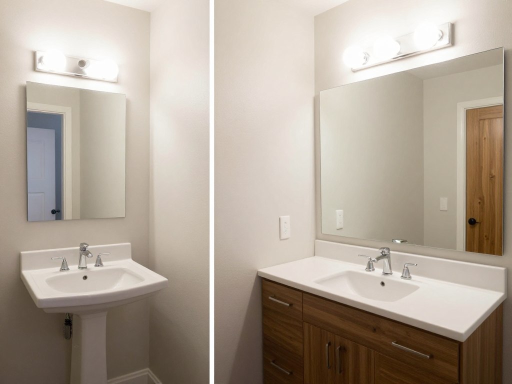 Porównanie małego i dużego lustra w tej samej łazience - widoczna różnica w percepcji przestrzeni Porównanie małego i dużego lustra w tej samej łazience - widoczna różnica w percepcji przestrzeni