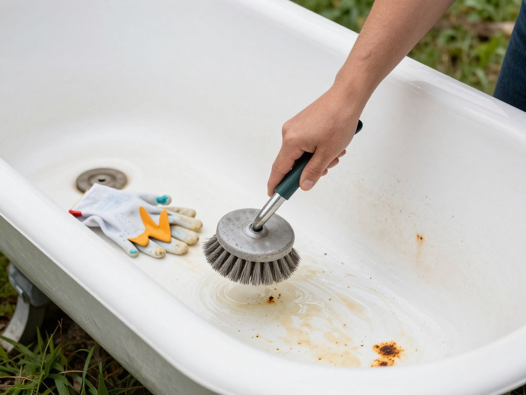Proces czyszczenia starej wanny przed wykorzystaniem jej w ogrodzie