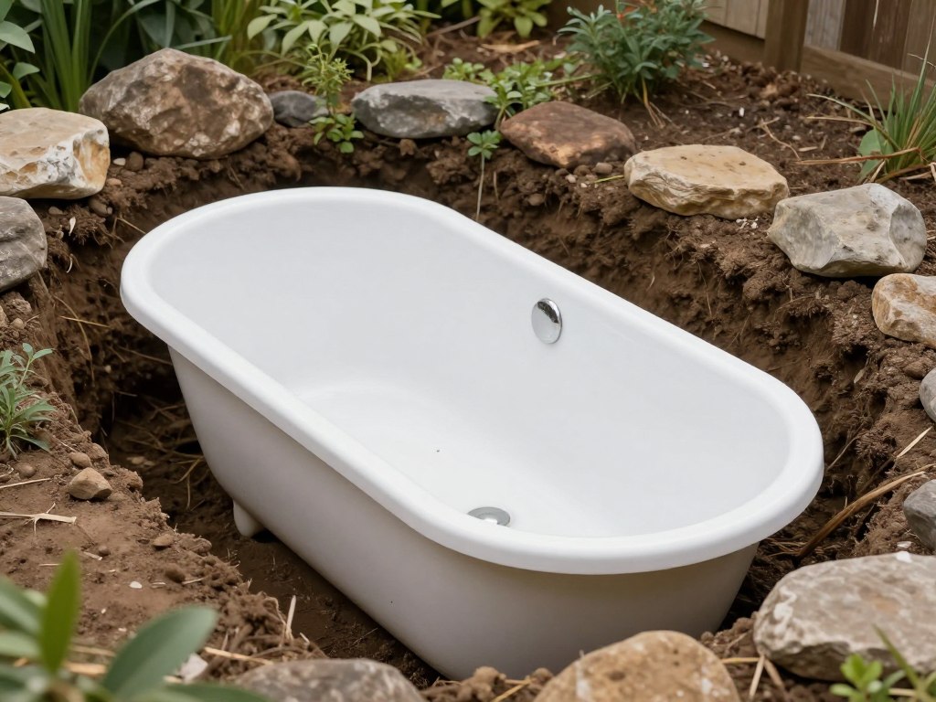 Proces instalacji wanny w ogrodzie jako oczko wodne - wykopany dół i częściowo zakopana wanna