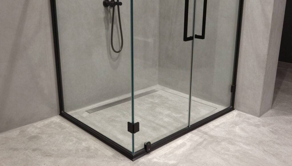 Prysznic loft bez brodzika z czarnymi profilami i szklaną taflą
