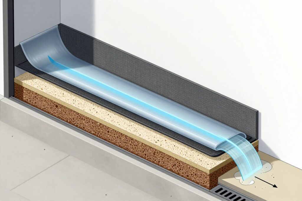 Przekrój przez system drenażowy odprowadzania wody z balkonu