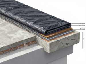 Przekrój warstw cienkiej wylewki na papie na balkonie