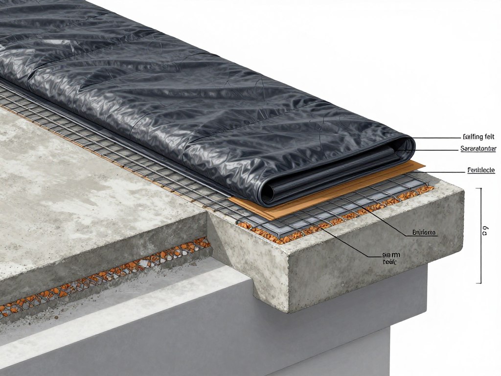 Przekrój warstw cienkiej wylewki na papie na balkonie