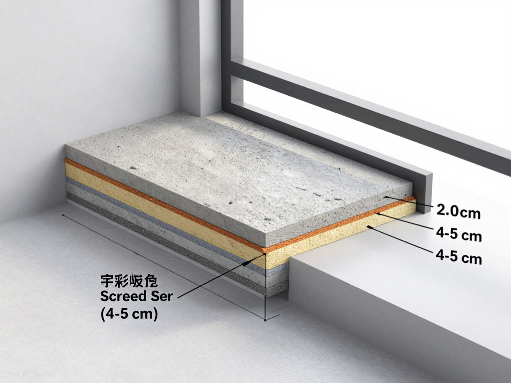 Przekrój wylewki na balkonie z zaznaczoną grubością