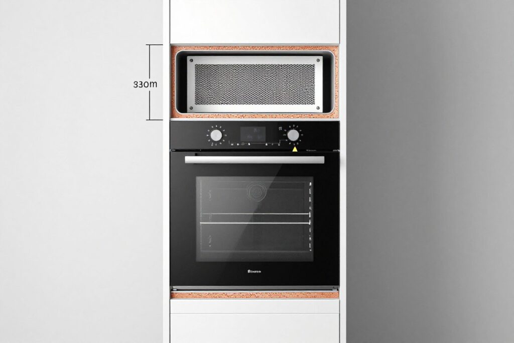 Przekrój zabudowy piekarnika w słupku z zaznaczonymi otworami wentylacyjnymi