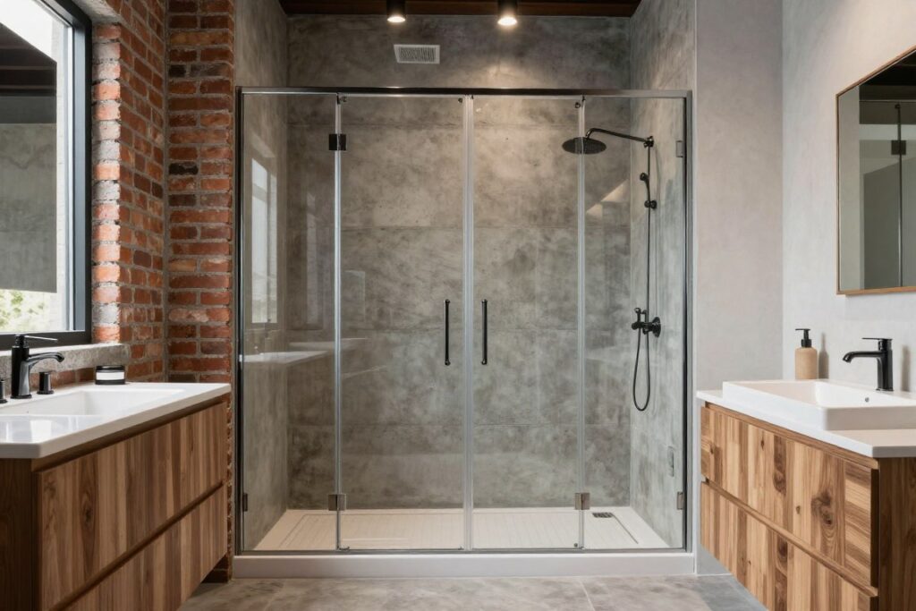 Przykład dobrze zaprojektowanej łazienki loft z prysznicem bez brodzika