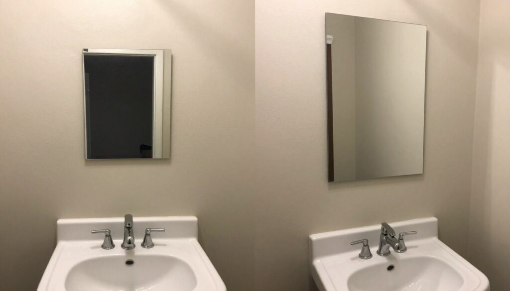 Przykłady błędów w doborze lustra do małej łazienki - zbyt małe lustro i nieodpowiednie umiejscowienie Przykłady błędów w doborze lustra do małej łazienki - zbyt małe lustro i nieodpowiednie umiejscowienie