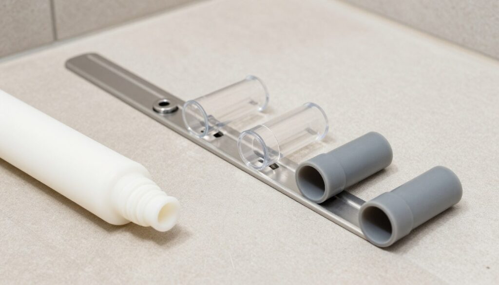 Różne kolory silikonu zastosowane w kabinie prysznicowej z odpływem liniowym