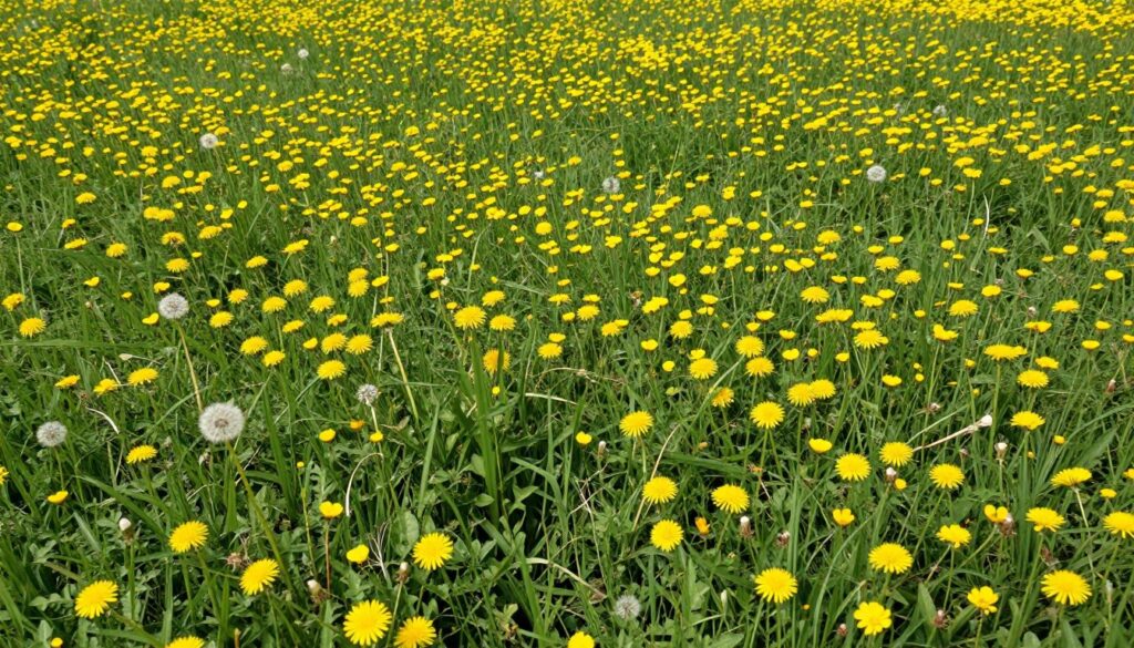 Różnorodne żółte kwiaty na polu uprawnym, w tym mniszek lekarski i inne chwasty