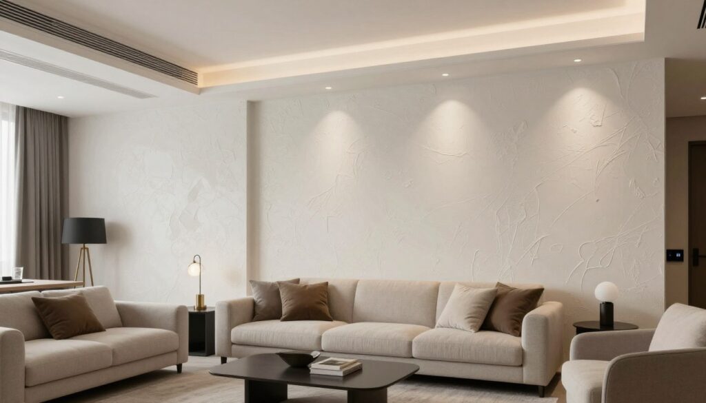 Salon z dekoracyjnym tynkiem strukturalnym zamiast gładzi