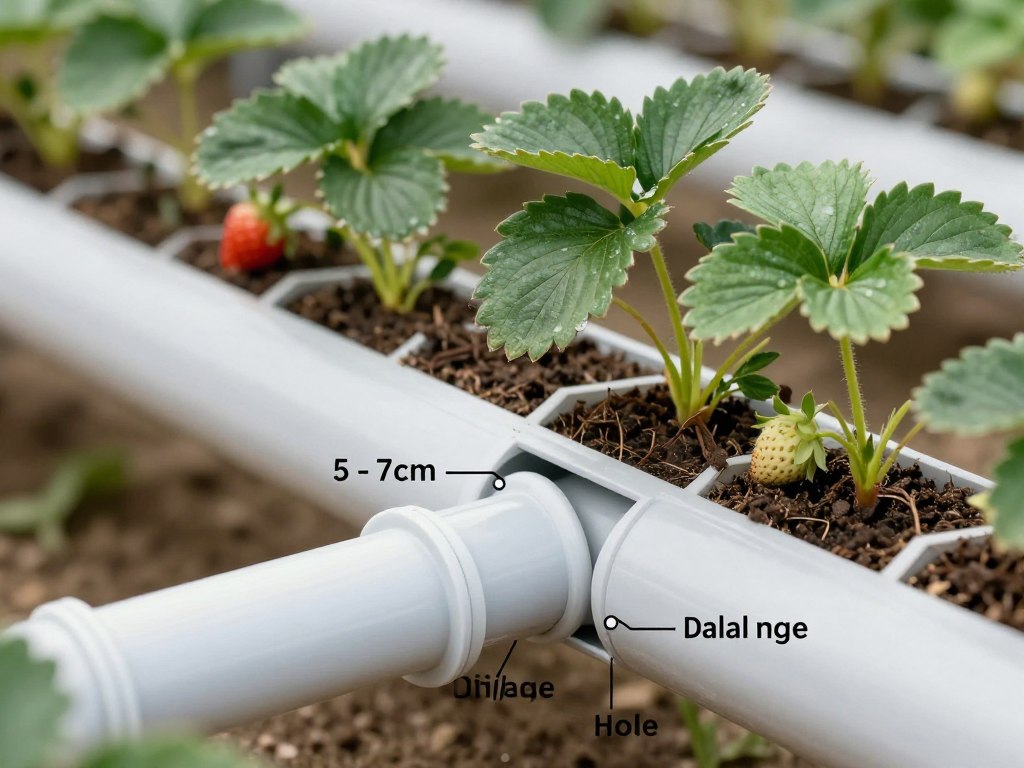 Schemat systemu uprawy truskawek w rurach PCV z elementami nawadniania