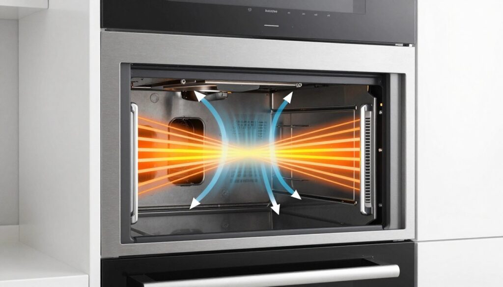 Schemat wentylacji piekarnika w zabudowie słupkowej z zaznaczonymi przepływami powietrza