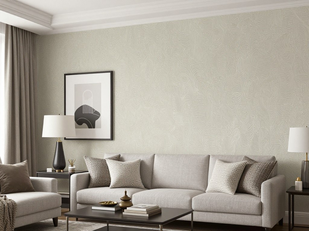 Ściany bez gładzi w salonie wykończone tapetą strukturalną