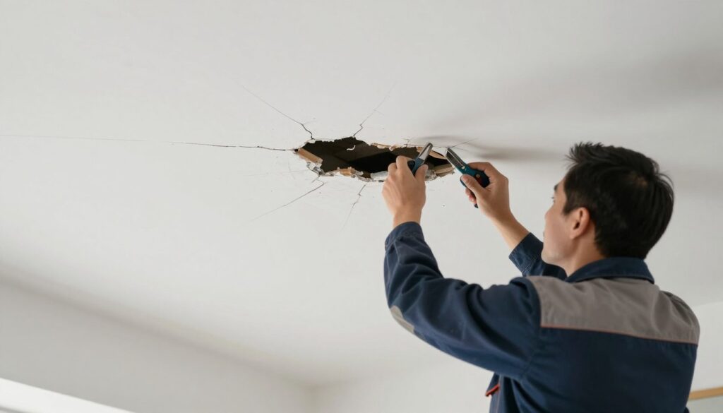Specjalista oceniający poważne pęknięcia na suficie podwieszanym
