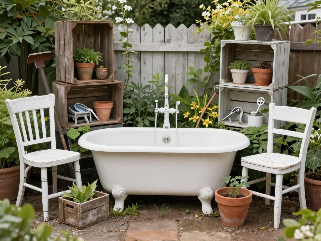 Spójna kompozycja ogrodowa z wanną i elementami z recyklingu w jednolitej kolorystyce