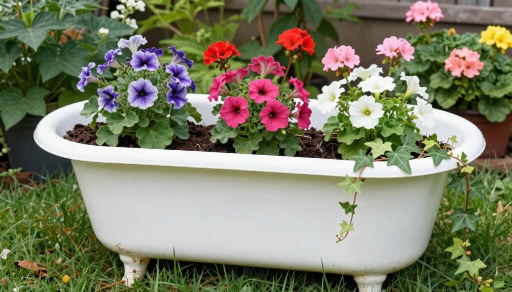 Stara wanna przekształcona w kolorowy kwietnik z kwitnącymi roślinami w ogrodzie