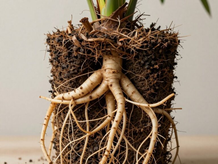 System korzeniowy palmy pokazujący charakterystyczne korzenie palowe rosnące w dół