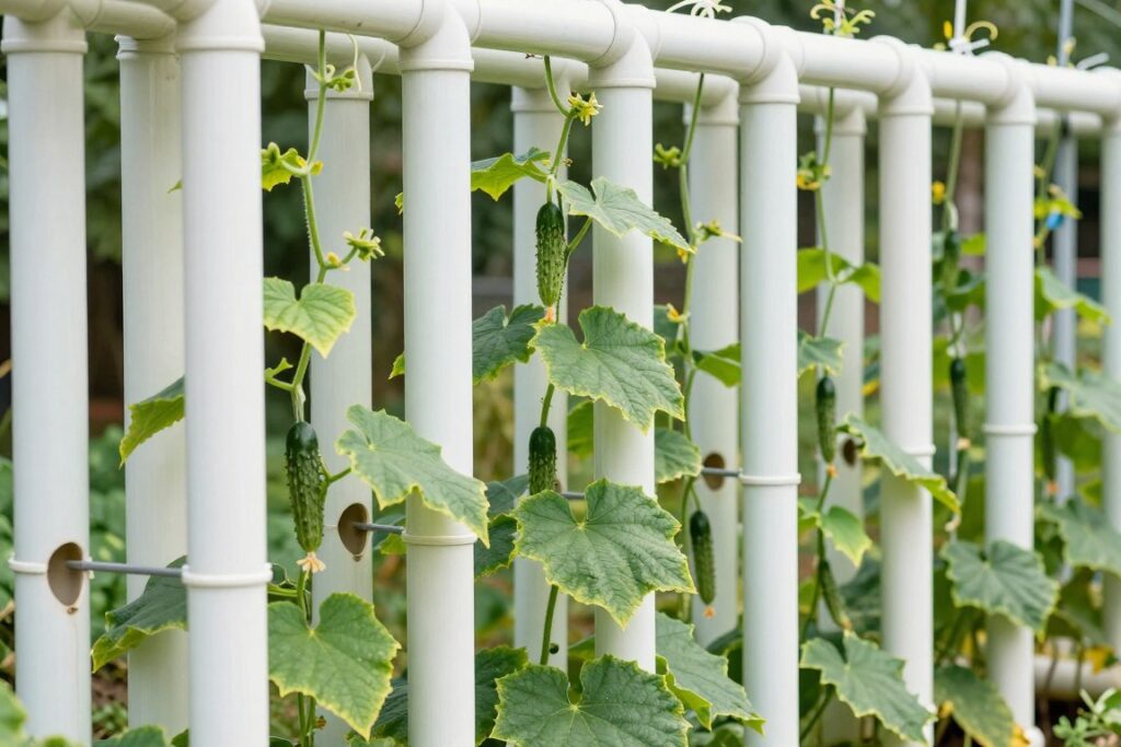 System wertykalnej uprawy ogórków w rurach PCV