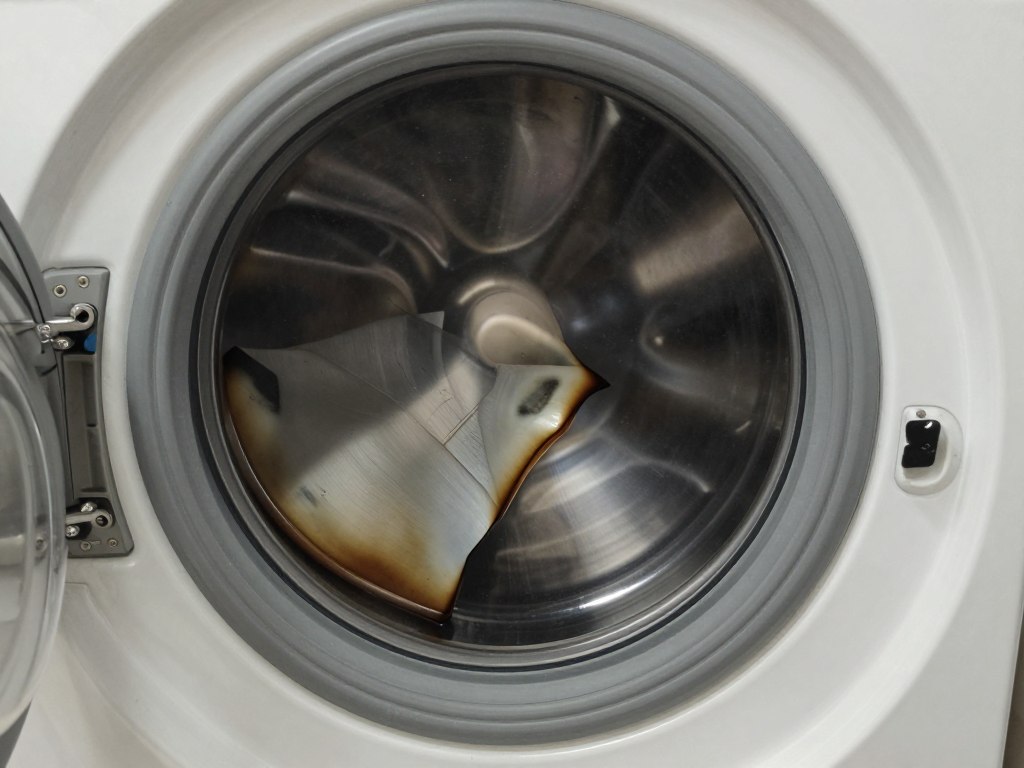 Uszkodzony filtr przeciwzakłóceniowy w pralce - widoczne ślady przepalenia Uszkodzony filtr przeciwzakłóceniowy w pralce - widoczne ślady przepalenia