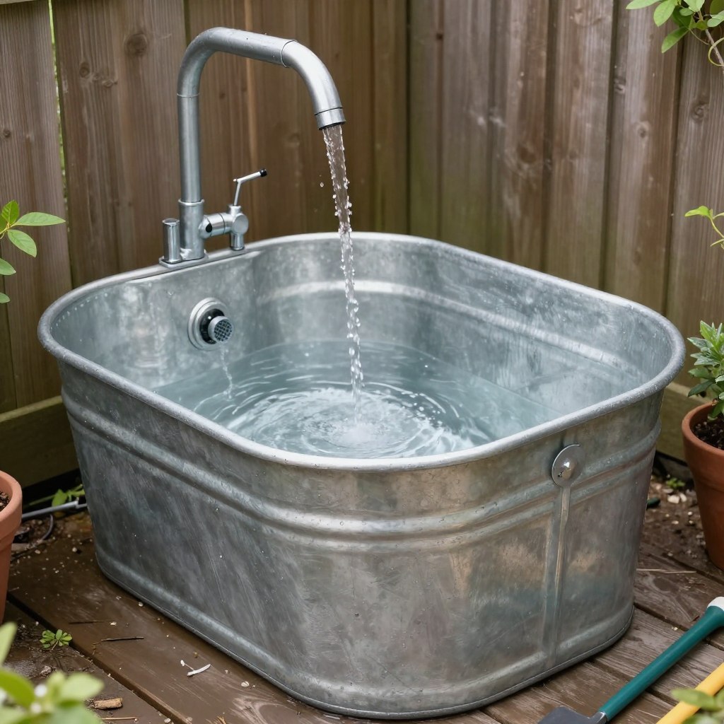 Wanna ocynkowana wykorzystana jako zbiornik na deszczówkę pod rynną