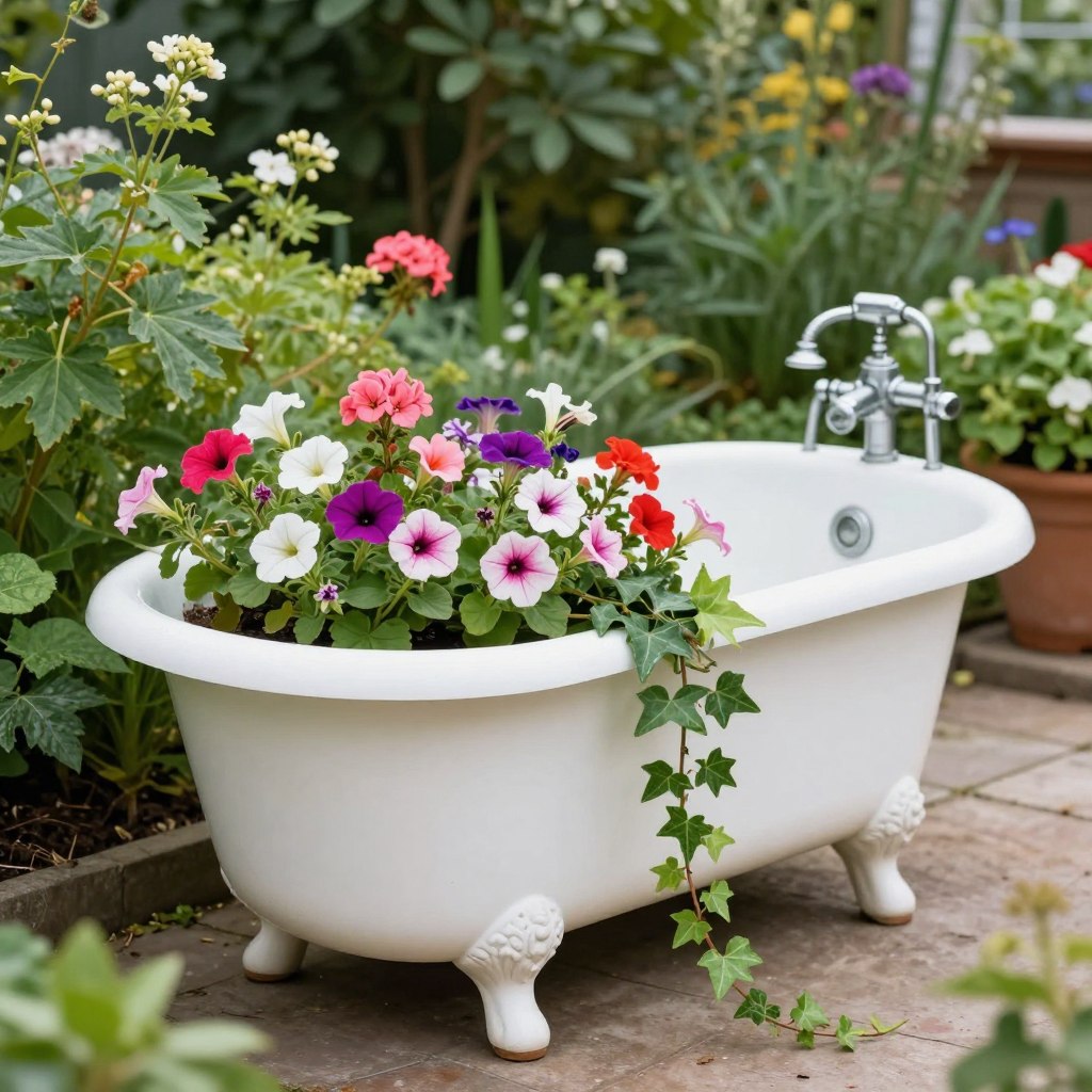 Wanna w ogrodzie przekształcona w kolorowy kwietnik z roślinami zwisającymi po bokach