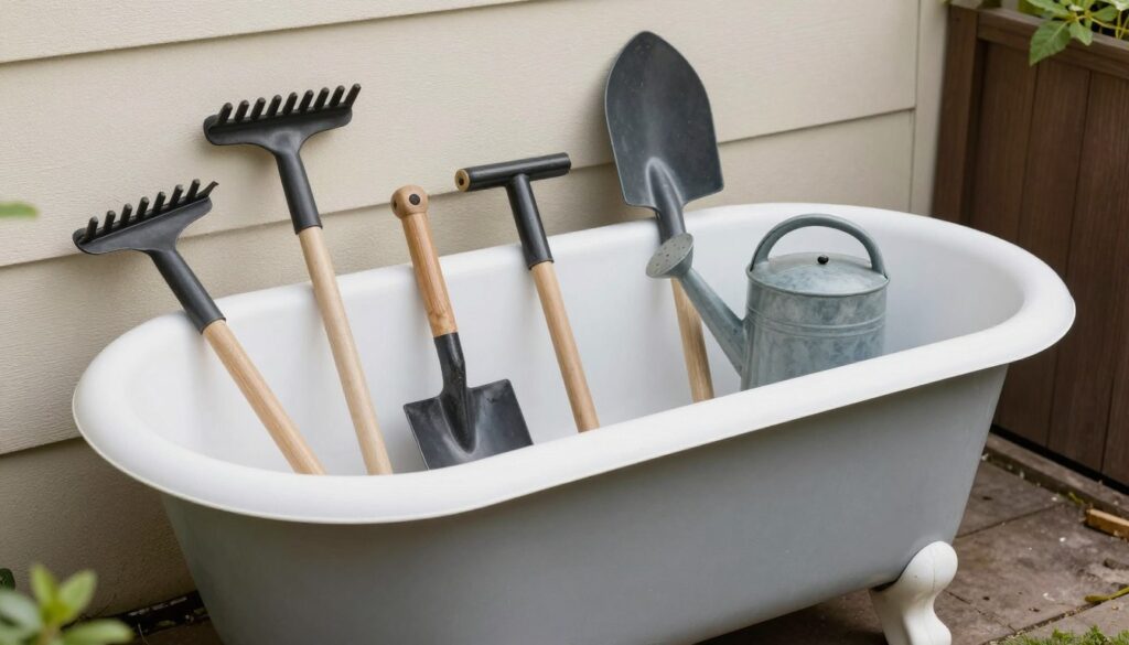 Wanna w ogrodzie przekształcona w miejsce do przechowywania narzędzi ogrodowych