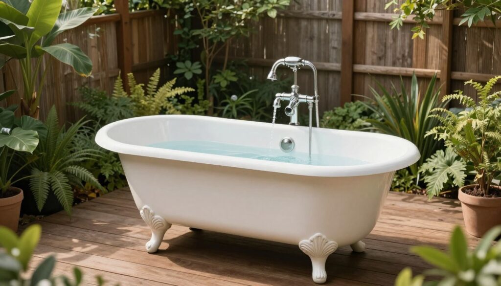 Wanna w ogrodzie przygotowana do kąpieli pod gołym niebem, otoczona roślinami