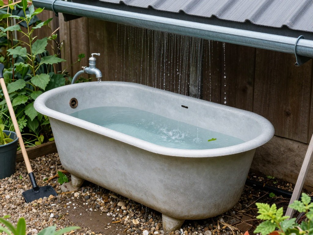 Wanna w ogrodzie służąca jako zbiornik na deszczówkę, ustawiona pod rynną