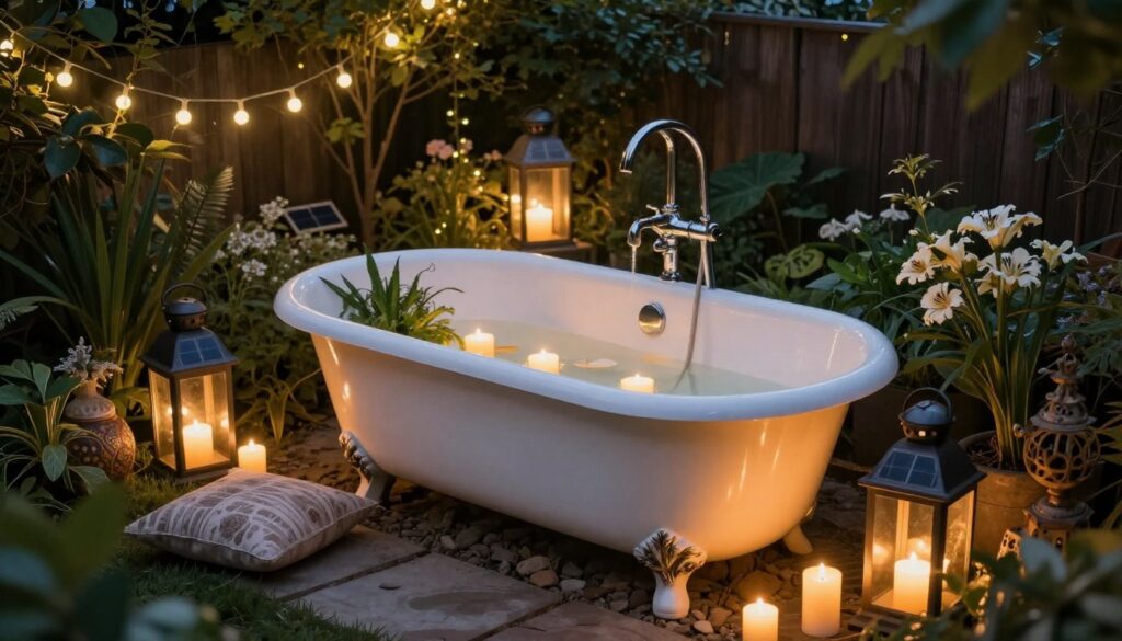 Wanna w ogrodzie z nastrojowym oświetleniem solarnym i dekoracyjnymi dodatkami
