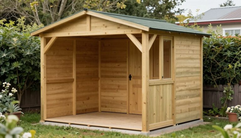 Wiata z dachem jednospadowym w ogrodzie, pokazująca prostą konstrukcję i praktyczne zastosowanie