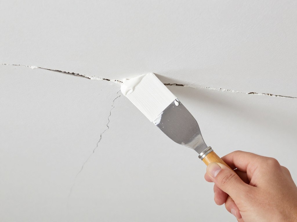 Wypełnianie pęknięcia na suficie masą akrylową