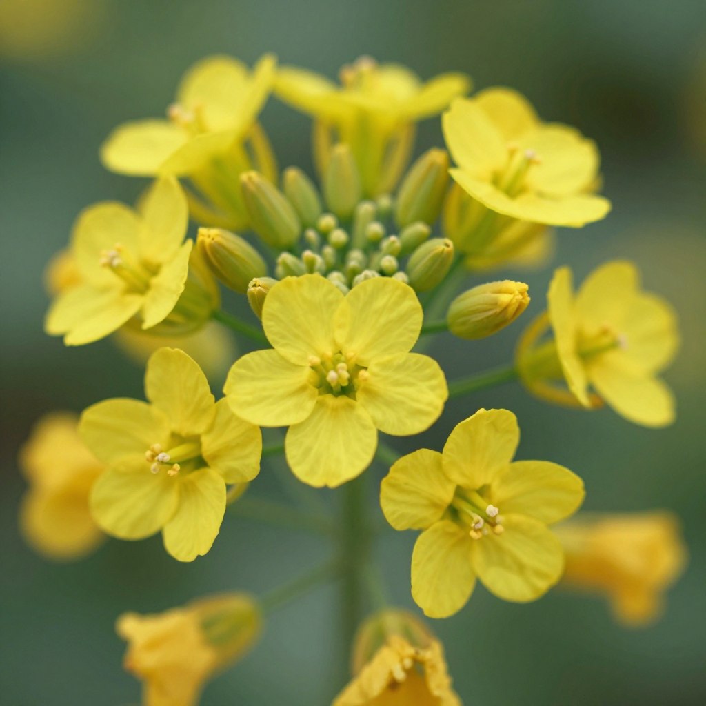 Zbliżenie na kwiaty gorczycy pokazujące charakterystyczne cechy żółtych kwiatów na polu uprawnym