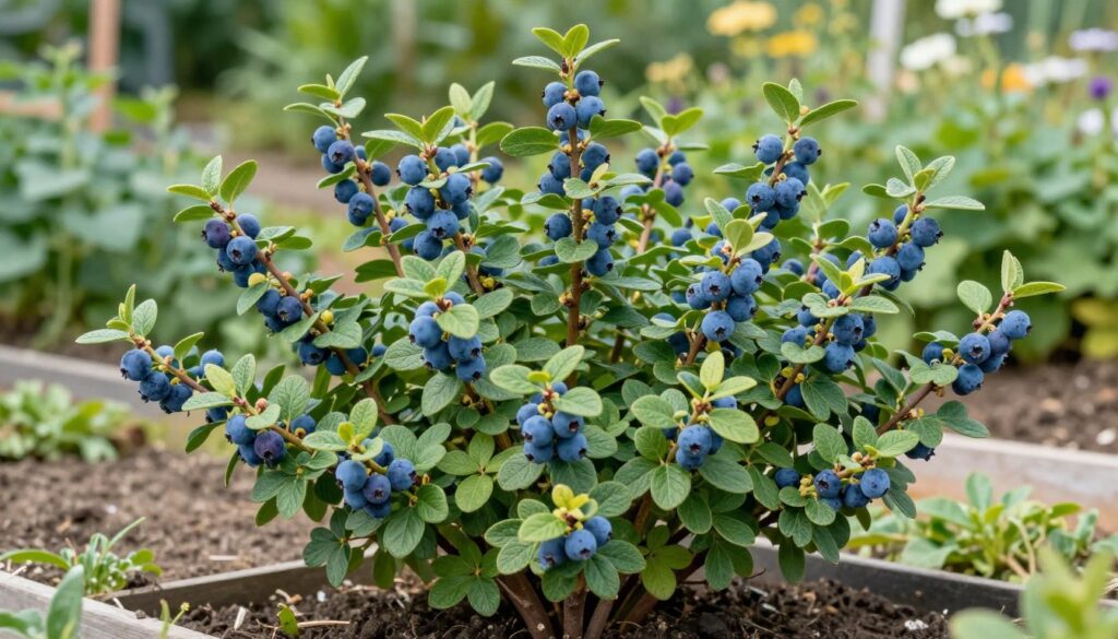 Zdrowy, dobrze uformowany krzew jagody kamczackiej w pełni owocowania