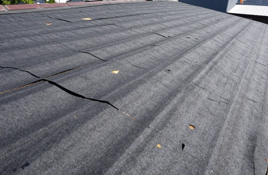 Zniszczona papa na dachu płaskim pokazująca pęknięcia i uszkodzenia
