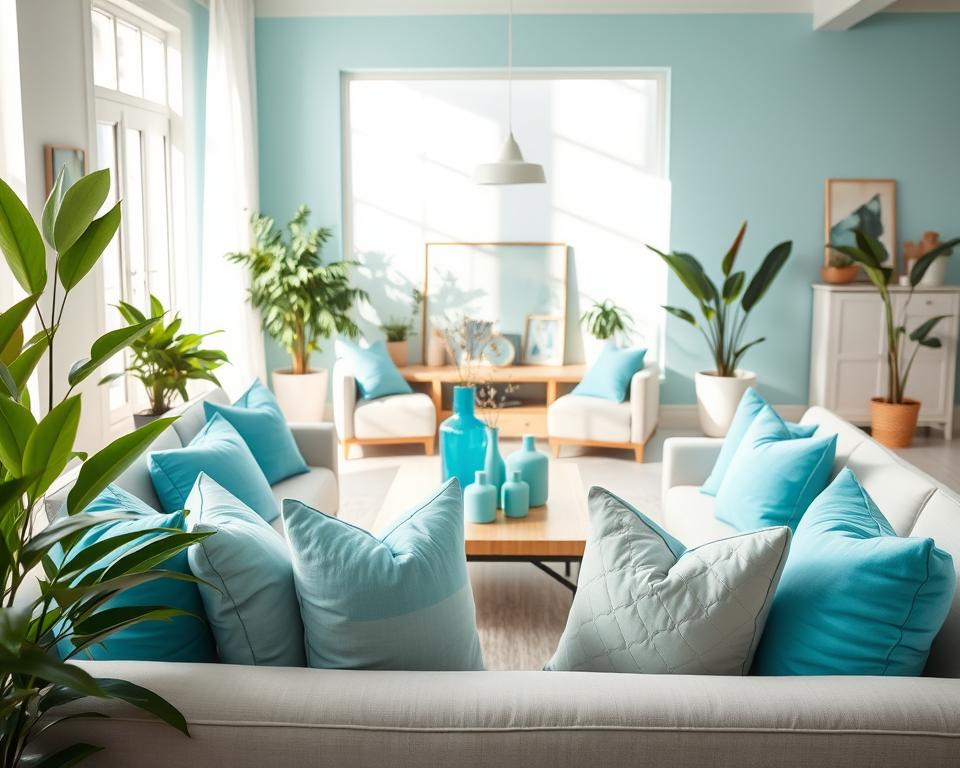 A beautifully arranged living space showcasing the application of turquoise in various interior designs. In the foreground, a cozy seating area with plush turquoise cushions on a neutral-toned sofa, surrounded by lush green plants. The middle section features a stylish coffee table adorned with turquoise decorative items, such as vases and candles, creating an inviting atmosphere. In the background, a softly lit wall painted in a pastel turquoise hue harmonizes with the light streaming in through large windows, casting gentle shadows across the room. The overall mood is fresh and vibrant, emanating a sense of tranquility and inspiration. Use natural lighting to enhance the ambiance, focusing on a wide-angle perspective to capture the inviting nature of the space.