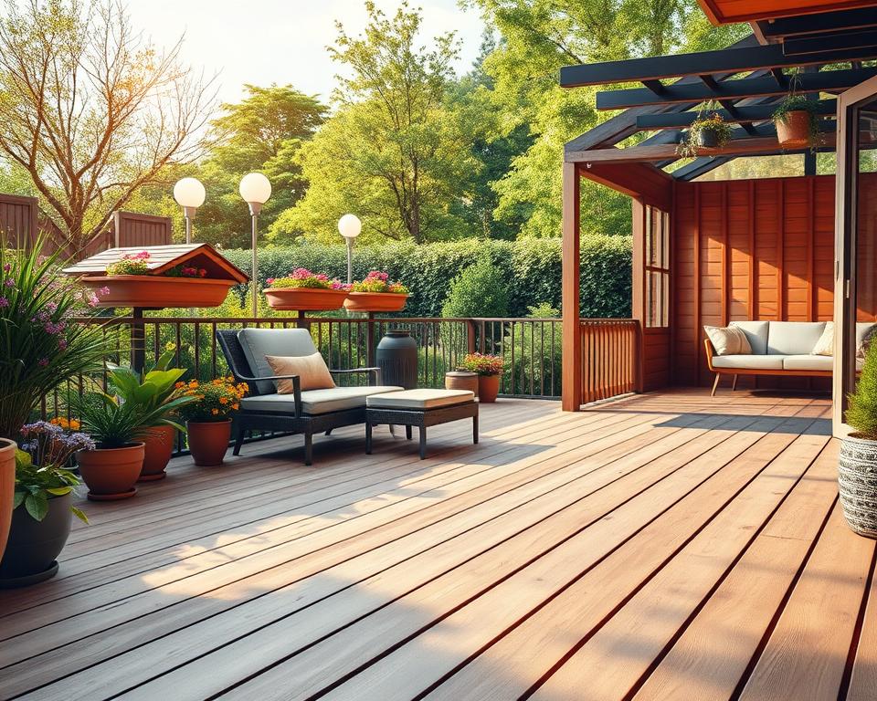 A beautifully designed outdoor space featuring a practical garden floor, emphasizing its uses in a terrace, balcony, and garden gazebo. In the foreground, showcase a smooth wooden deck with stylish furniture set up for relaxation, surrounded by vibrant potted plants. The middle ground includes a well-maintained balcony adorned with colorful flowers and a cozy seating area. In the background, a quaint gazebo with a similar wooden floor, inviting atmosphere, and a lush green garden filled with trees and shrubs. Capture warm, natural lighting as it casts soft shadows, and use a slight upward angle to enhance the depth, creating a serene and welcoming mood. The overall composition should inspire feelings of comfort and aesthetic harmony, showcasing ideal uses of garden flooring.