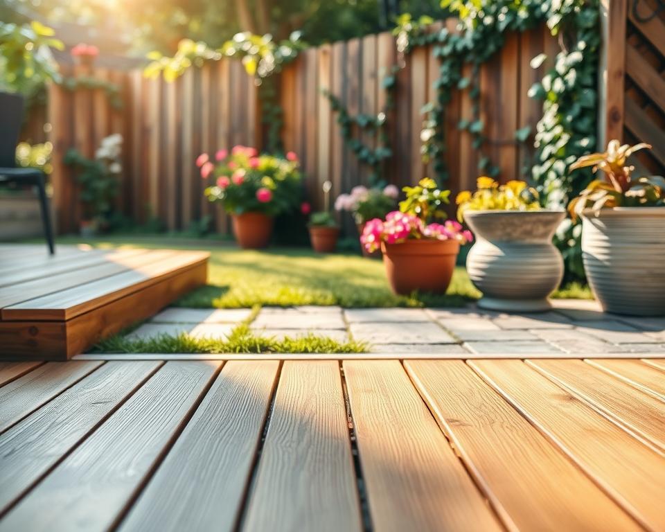 A beautifully organized outdoor space, showcasing a variety of affordable garden flooring options. In the foreground, elegant wooden decking paired with interlocking stone tiles, demonstrating versatility. In the middle, a well-maintained grassy area and potted plants in vibrant colors, enhancing the garden aesthetic. The background features a softly lit, sun-dappled atmosphere with a wooden fence adorned with climbing vines. The lighting is warm and inviting, suggesting a late afternoon glow, creating a relaxed and welcoming mood. An image captured from a low angle, focusing on the flooring textures, with a shallow depth of field emphasizing the natural beauty of the garden setting.