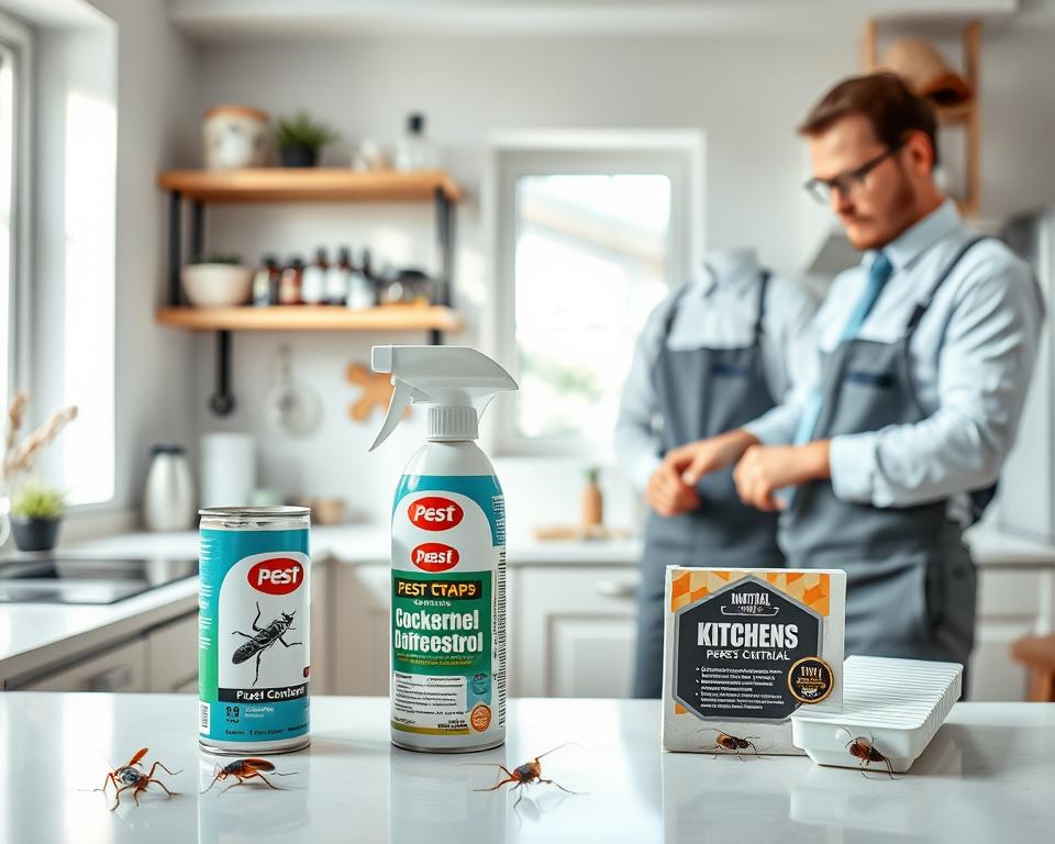 A clean and modern kitchen interior, showcasing various pest control methods for cockroaches and other pests. In the foreground, a can of insect spray and a set of glue traps are prominently displayed on a counter, highlighting effective solutions. Adjacent to them, a professional pest control technician dressed in a neat uniform is demonstrating proper use of these products. In the middle ground, an organized shelf contains natural deterrents like essential oils and diatomaceous earth. The background features bright, natural lighting that streams through a window, giving the entire scene a fresh and inviting atmosphere. Capture the essence of cleanliness and efficacy in pest management, emphasizing the importance of prevention and control while maintaining a safe, family-friendly environment.