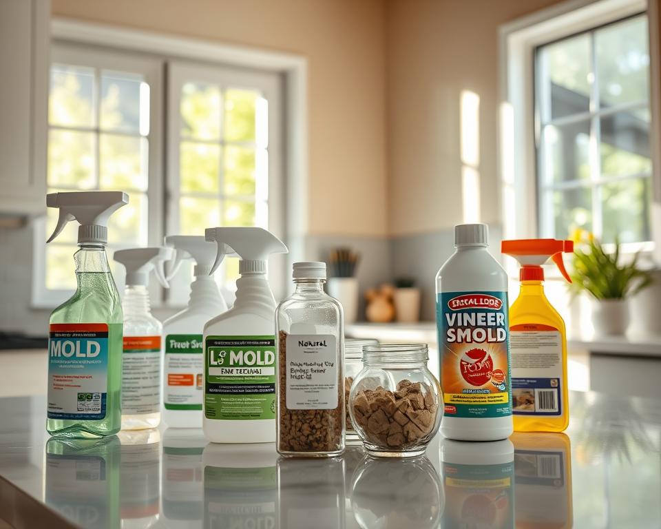 A clean, well-lit indoor setting showcasing various chemical products and alternative mold treatments on a kitchen countertop. In the foreground, bright bottles of chemical mold removers with labels visible, including sprays and solutions, arranged neatly. In the middle, a few natural alternatives like vinegar and baking soda in glass containers with earthy elements, conveying eco-friendliness. The background features a window allowing natural light to pour in, casting soft shadows that enhance the cleanliness of the space. The atmosphere is inviting yet reflects the seriousness of tackling mold problems. The angle is slightly overhead, capturing all elements in a harmonious layout, emphasizing the juxtaposition between chemical and natural solutions.