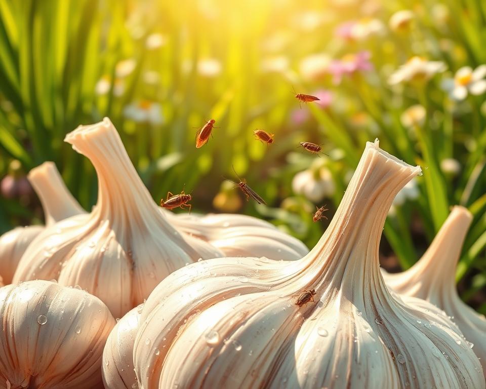 A close-up illustration showcasing a natural pest deterrent mechanism using garlic. In the foreground, a cluster of fresh garlic bulbs is prominently displayed, exuding a glossy, vibrant appearance with dew drops reflecting light. In the middle, various common pests like crickets and other insects are depicted in a subtle manner, appearing repelled by the garlic’s strong scent. The background shows a lush garden scene bathed in soft, warm sunlight, with green plants and flowers thriving, emphasizing the environment's health. The image is captured from a slight overhead angle to provide depth, with a focus on the textures of the garlic. This creates a mood of natural harmony and effective pest control, conveying the benefits of garlic in an organic setting.