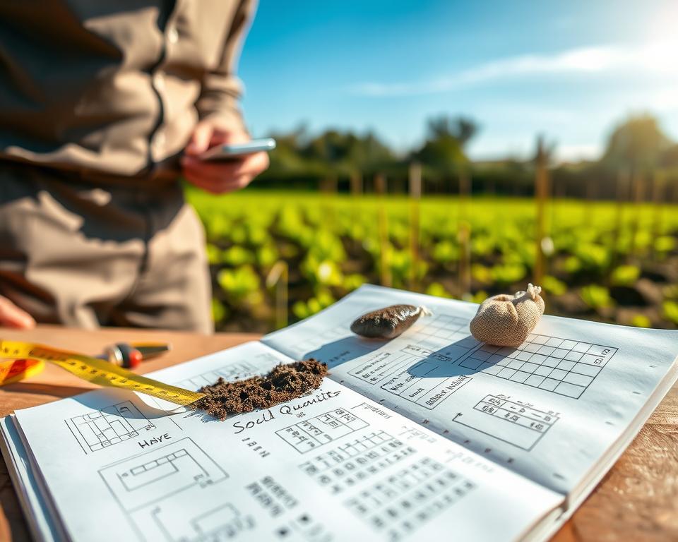 A close-up scene depicting an experienced landscape architect, dressed in professional attire, calculating soil quantity for a garden design. In the foreground, a detailed, open notepad filled with sketches and calculations, accompanied by a measuring tape and soil samples in small bags. The middle ground features a lush, green garden plot, marked with stakes outlining different areas for planting. In the background, a clear blue sky with soft, diffused sunlight illuminating the scene, creating a bright and inviting atmosphere. The depth of field blurs the background slightly to emphasize the focal point on the calculations and tools, capturing a moment of thoughtful analysis and planning in a serene outdoor environment. A close-up scene depicting an experienced landscape architect, dressed in professional attire, calculating soil quantity for a garden design. In the foreground, a detailed, open notepad filled with sketches and calculations, accompanied by a measuring tape and soil samples in small bags. The middle ground features a lush, green garden plot, marked with stakes outlining different areas for planting. In the background, a clear blue sky with soft, diffused sunlight illuminating the scene, creating a bright and inviting atmosphere. The depth of field blurs the background slightly to emphasize the focal point on the calculations and tools, capturing a moment of thoughtful analysis and planning in a serene outdoor environment.