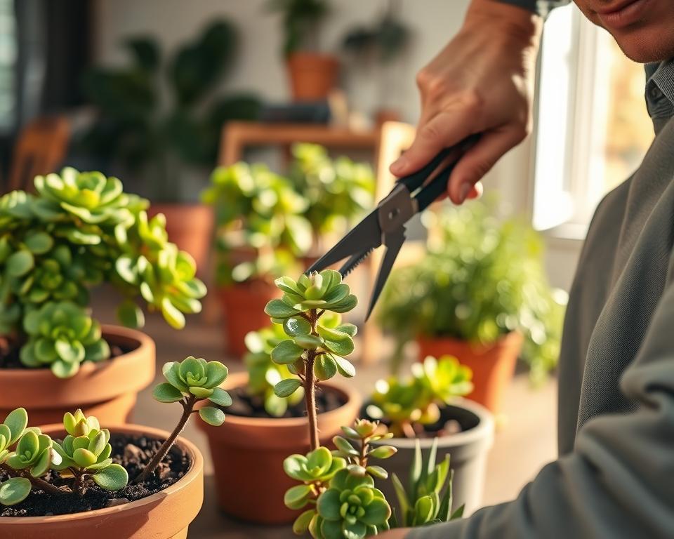 A close-up scene of a vibrant "pieniążek" plant being pruned by a skilled gardener. The foreground features the gardener, wearing modest casual clothing, carefully trimming the leaves with sharp pruning shears, showcasing the delicate, round leaves of the succulent. In the middle background, there are lush, green pots filled with more "pieniążek" plants, demonstrating a variety of shapes and sizes. The background softly blurs into a cozy home setting with warm natural light streaming through a window, casting gentle shadows that create a serene and inviting atmosphere. The overall mood is peaceful and nurturing, emphasizing the care involved in plant maintenance. The angle captures the gardener's focused expression, highlighting their engagement with the task.
