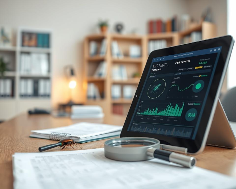 A close-up view of a modern, organized workspace featuring a digital pest monitoring device displaying real-time data on cockroach and pest presence. In the foreground, a professional-looking tablet shows graphical representations of pest activity, while a magnifying glass rests nearby, emphasizing the importance of detail in monitoring. In the middle, a clean workspace with neat papers, a notepad with notes on pest control, and an analytical atmosphere. The background features a softly lit office with shelves of pest control literature, creating a sense of knowledge and authority. The lighting is bright yet warm, enhancing focus and productivity, while the overall mood is confident and proactive.