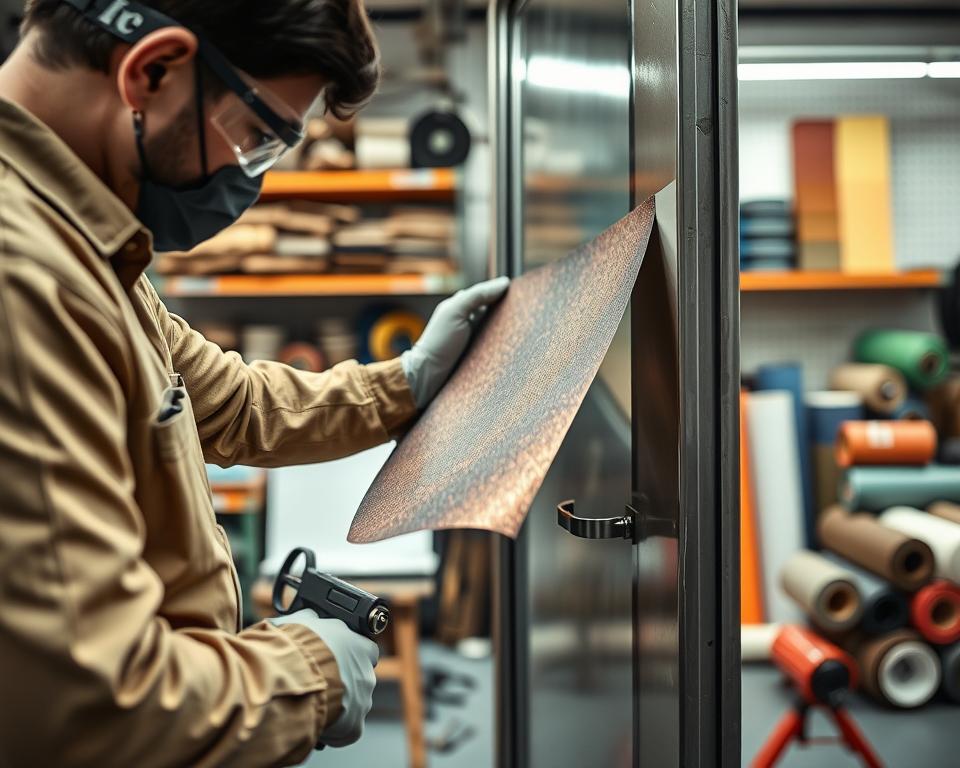 A close-up view of a professional applying vinyl wraps on a metal door frame in a well-lit workshop. The foreground features the technician, dressed in protective gear, carefully aligning a vibrant, textured vinyl sheet on the sleek, metallic surface. The middle ground showcases various tools and materials, including scissors, a heat gun, and rolls of different colored films, creating a sense of an organized workspace. In the background, shelves filled with samples of adhesive materials and finished projects hint at the techniques being showcased. Soft, ambient lighting and a slight depth of field provide a focus on the hands-on work being done, conveying a dedicated and meticulous atmosphere, ideal for illustrating advanced wrapping techniques on metal frames.